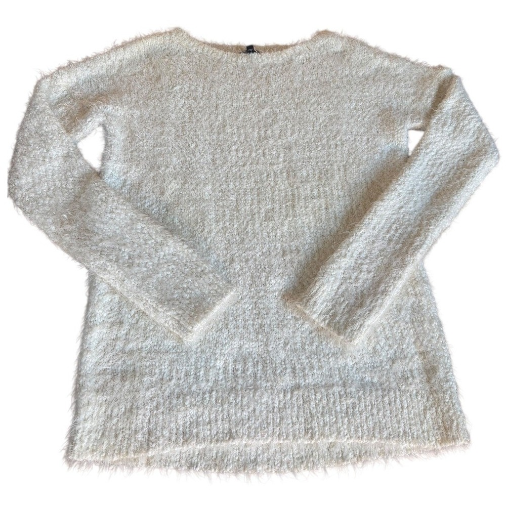 EXPRESS Fuzzy Knit Sweater‎ Cream Long Sleeve Crew Neck Top Womens Size L